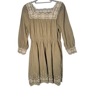 Madewell Embroidered Corduroy Square-Neck Mini Dress Medium Khaki Green Pockets